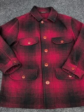 Vtg LL Bean Jacket Mens Medium Mackinaw Red Black Shadow Plaid Wool Hunting USA